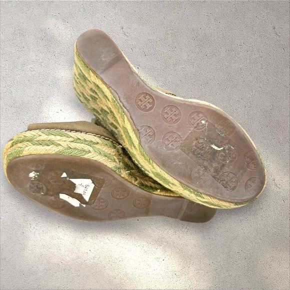 Tory Burch Espadrille Linley Wedge Sandals Brown Canvas with Green/Tan Jute 8M - Picture 8 of 16